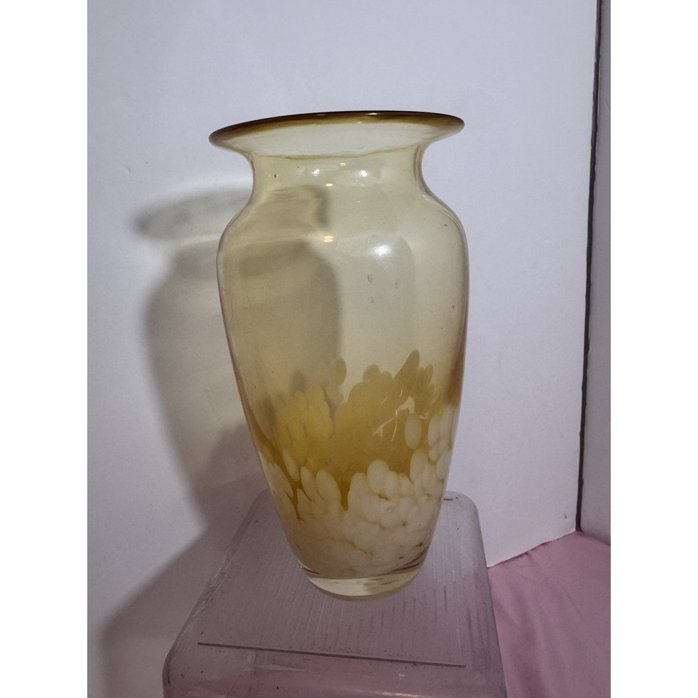 Vintage Blown Glass Vase Yellow And White Decorations Approx 8" tall‎